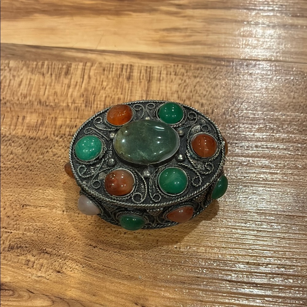 Vintage Style Silver Trinket Box with Green and Brown Stones